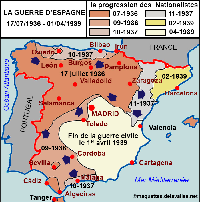 carte de la guerre d'Espagne 1936-1939